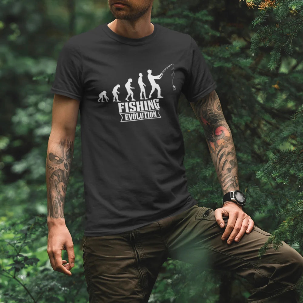 Fishing Evolution Man T-Shirt featuring a unique design showcasing the evolution of fishing, made from 100% Ringspun Cotton.