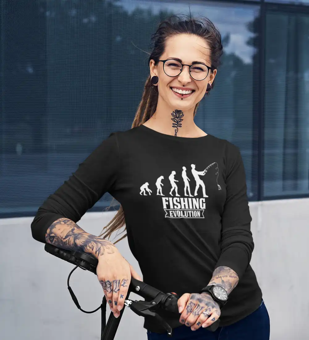 Fishing Evolution Women Long Sleeve Shirt featuring a stylish design, perfect for fishing enthusiasts, made from comfortable midweight fabric.