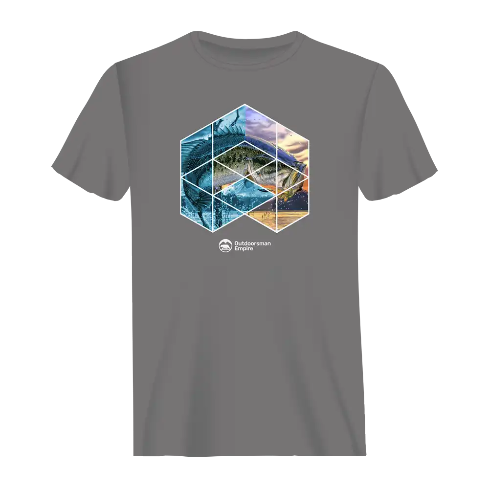 Fishing Geometry Man T-Shirt featuring a unique fishing-themed graphic design on a comfortable cotton fabric.