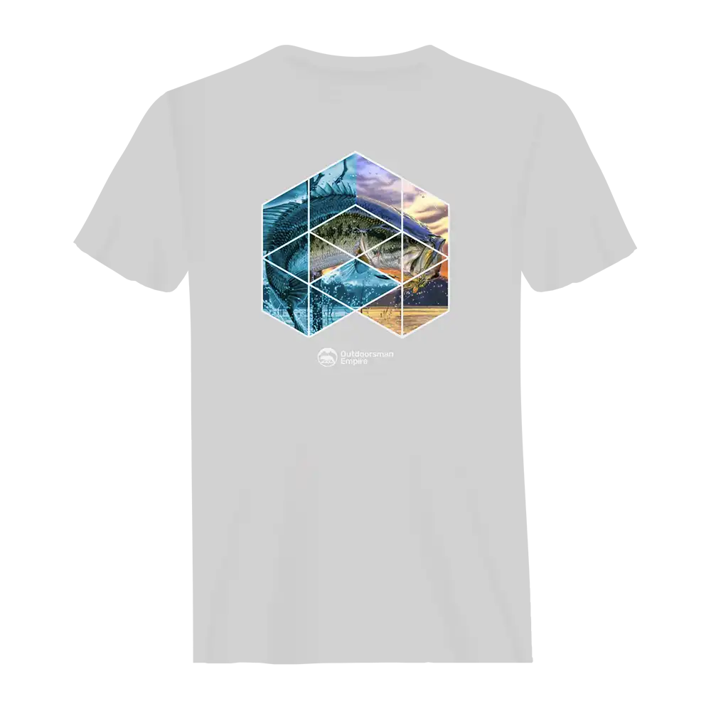 Fishing Geometry Man T-Shirt featuring a unique fishing-themed graphic design on a comfortable cotton fabric.