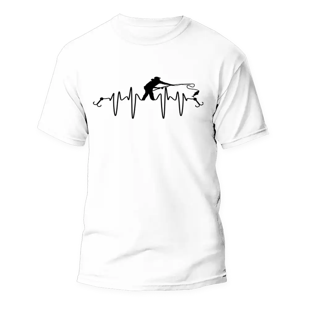 Fishing Heart Beat Man T-Shirt featuring a unique fishing graphic, made from 100% ringspun cotton for comfort.