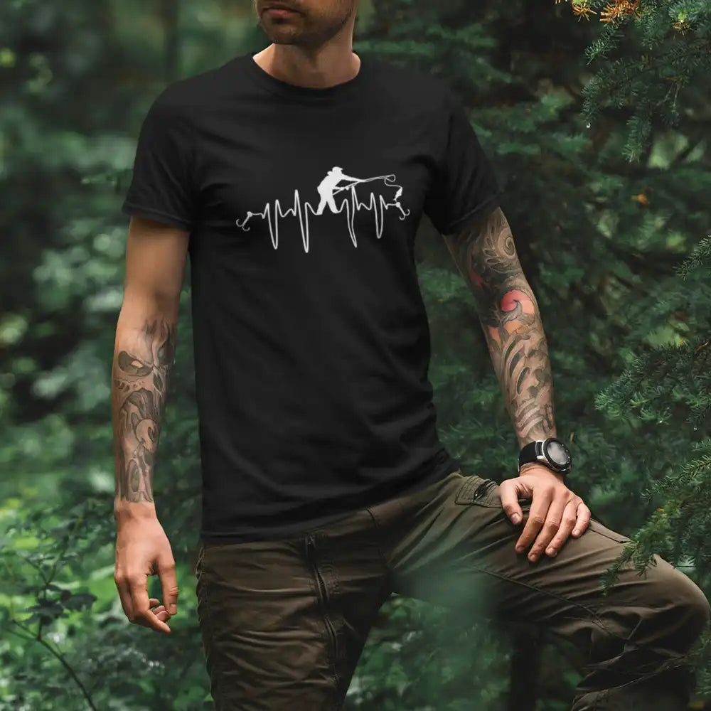 Fishing Heart Beat Man T-Shirt featuring a unique fishing graphic, made from 100% ringspun cotton for comfort.