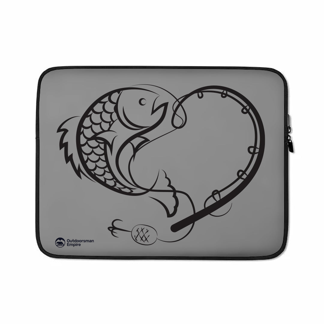 Fishing Heart Laptop Sleeve featuring a padded zipper and faux fur lining, designed for protection and style.