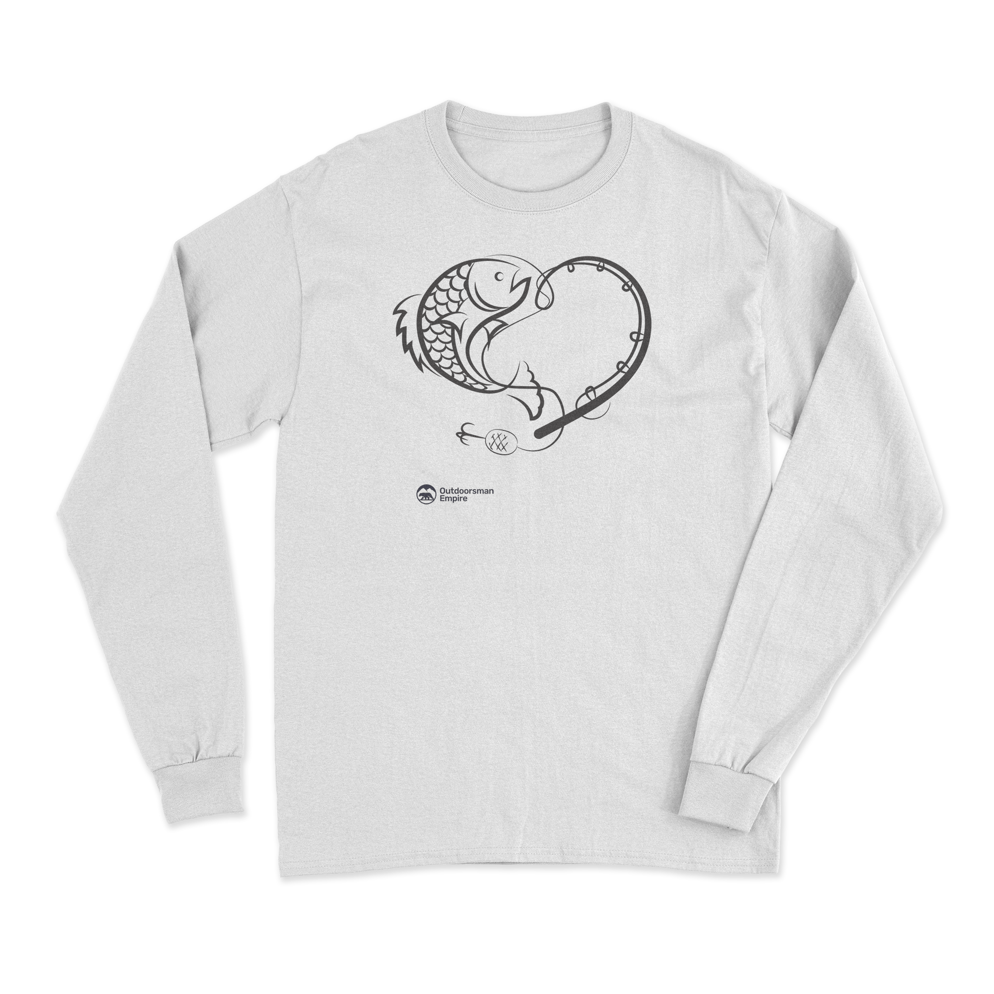 Fishing Heart Men's Long Sleeve Shirt featuring a unique fishing heart design, perfect for casual wear and fishing enthusiasts.