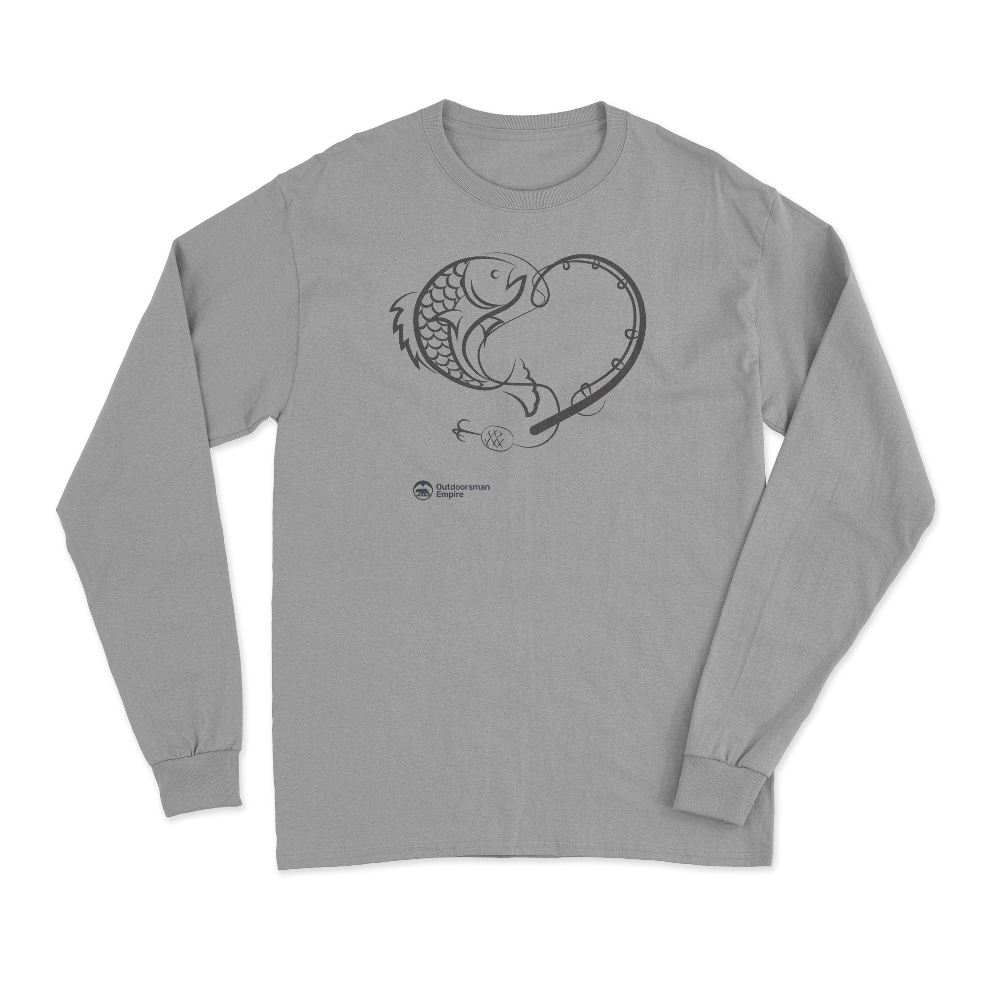 Fishing Heart Men's Long Sleeve Shirt featuring a unique fishing heart design, perfect for casual wear and fishing enthusiasts.