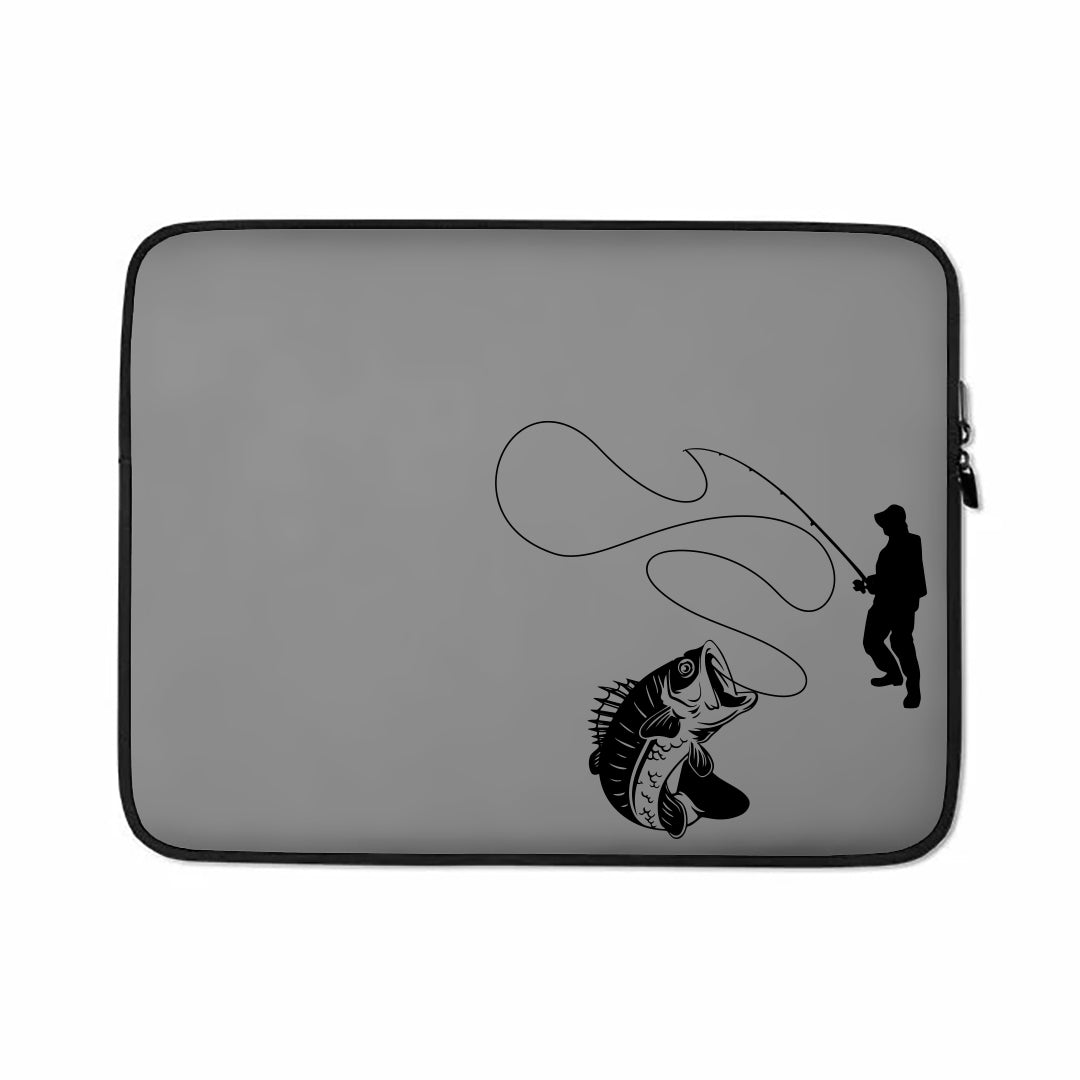 Fishing Lines Laptop Sleeve featuring a padded zipper and faux fur lining, designed for 15-inch laptops, showcasing its lightweight and stylish neoprene material.