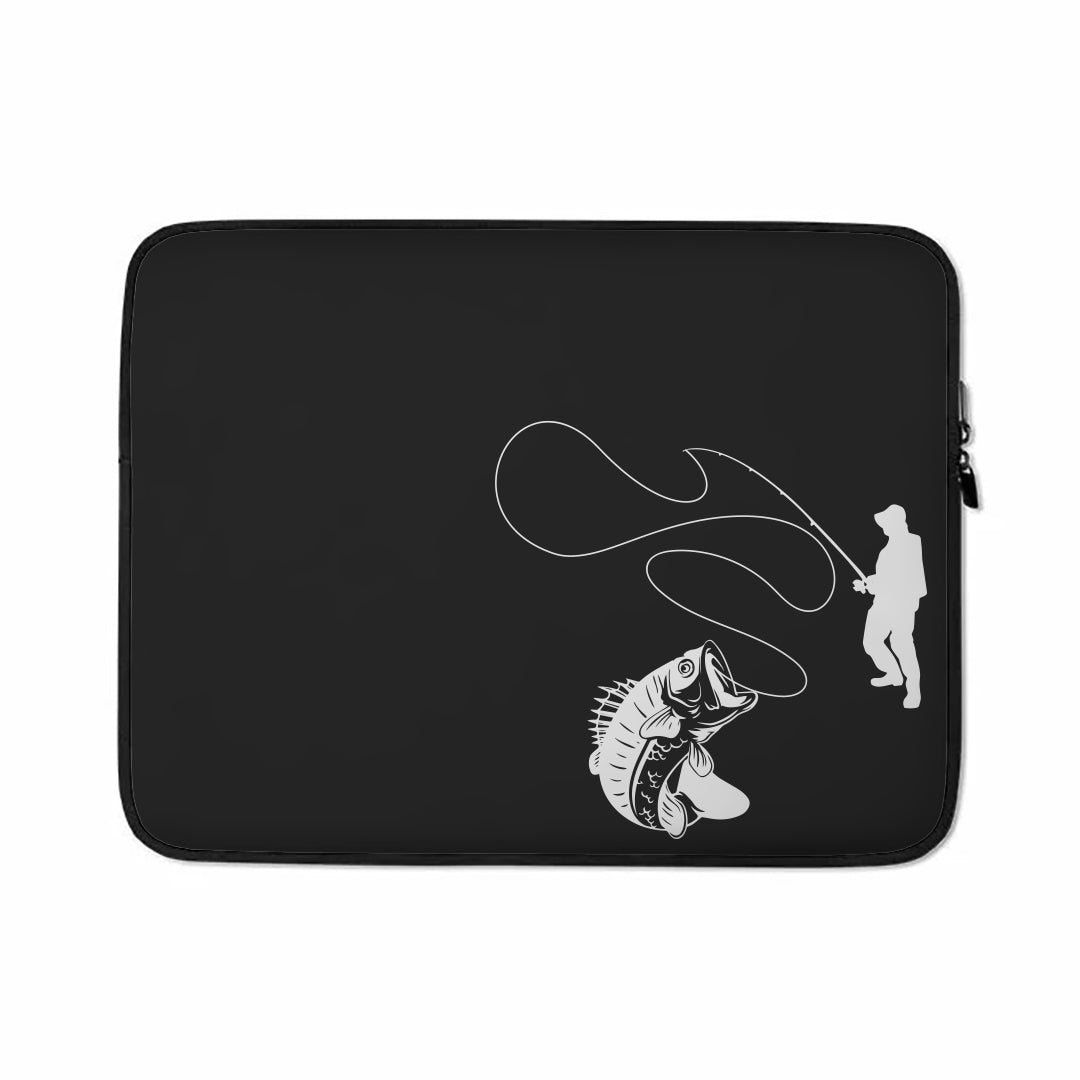 Fishing Lines Laptop Sleeve featuring a padded zipper and faux fur lining, designed for 15-inch laptops, showcasing its lightweight and stylish neoprene material.