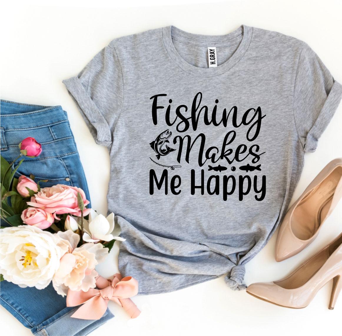 Fishing Makes Me Happy T-shirt made of soft ring spun cotton with vibrant print.