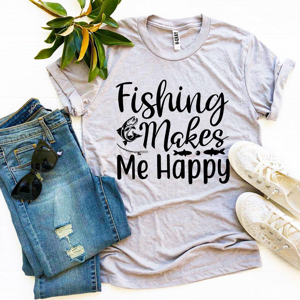 Fishing Makes Me Happy T-shirt made of soft ring spun cotton with vibrant print.