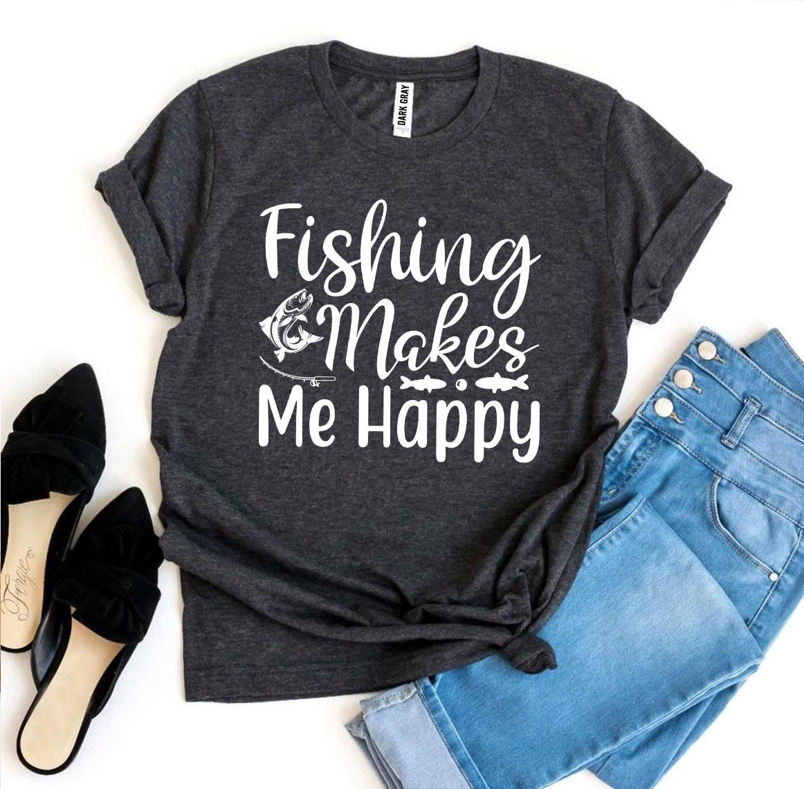 Fishing Makes Me Happy T-shirt made of soft ring spun cotton with vibrant print.