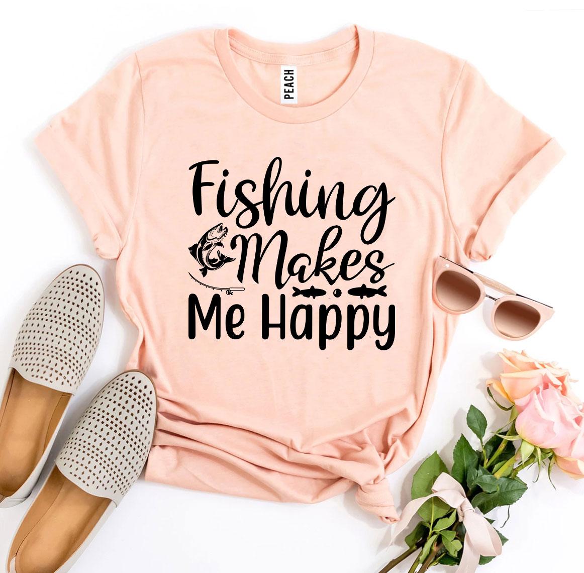 Fishing Makes Me Happy T-shirt made of soft ring spun cotton with vibrant print.