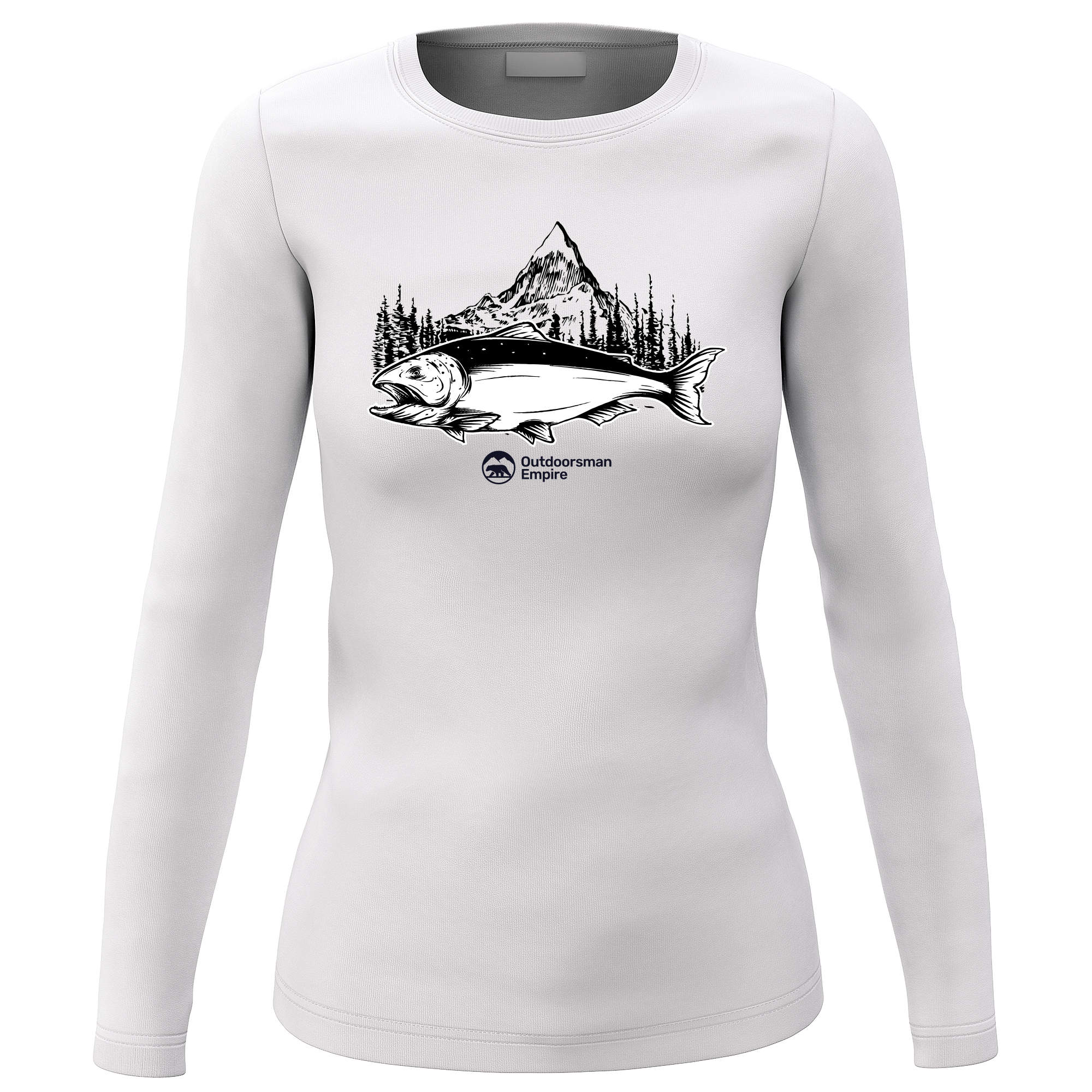 Fishing Mountain' Long Sleeve sweatshirt for women featuring unique all-over print design, soft brushed fleece interior, and classic midweight fabric.