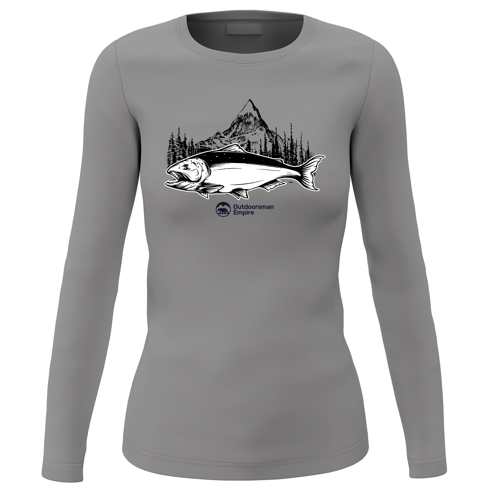 Fishing Mountain' Long Sleeve sweatshirt for women featuring unique all-over print design, soft brushed fleece interior, and classic midweight fabric.