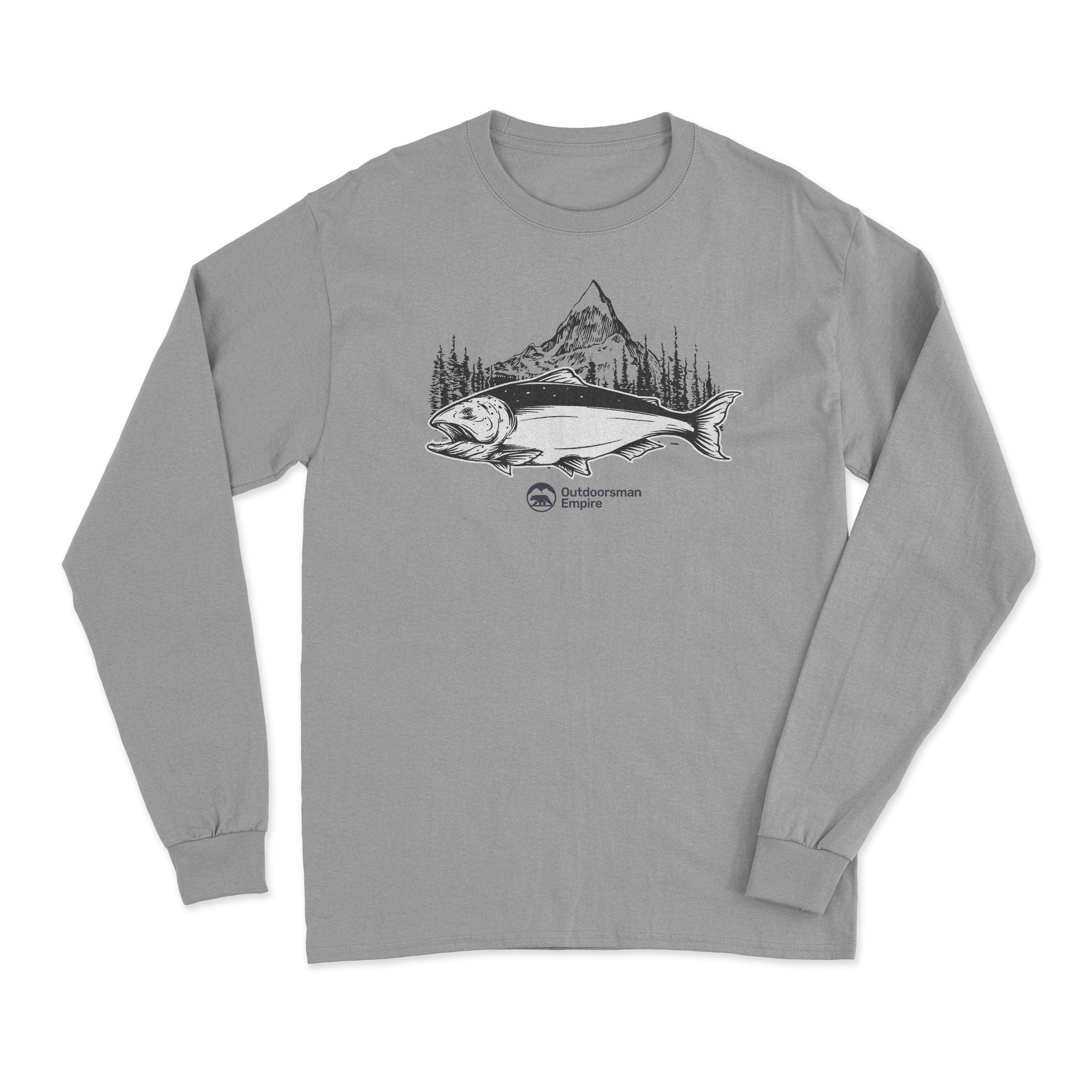 Fishing Mountain' Long Sleeve T-Shirt featuring a unique all-over print design, made from soft cotton fabric with a brushed fleece interior.