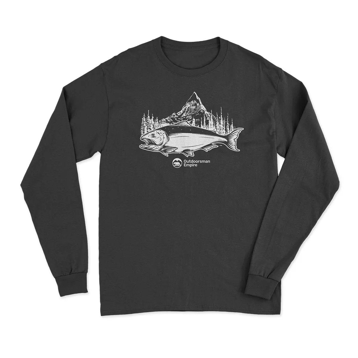 Fishing Mountain' Long Sleeve T-Shirt featuring a unique all-over print design, made from soft cotton fabric with a brushed fleece interior.