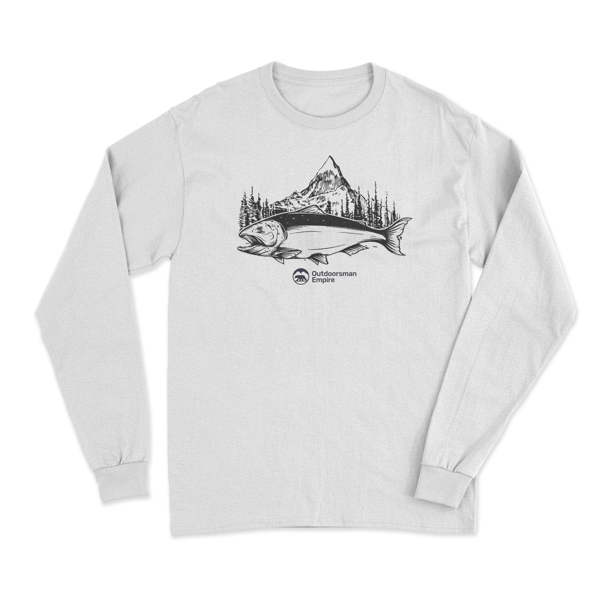 Fishing Mountain' Long Sleeve T-Shirt featuring a unique all-over print design, made from soft cotton fabric with a brushed fleece interior.