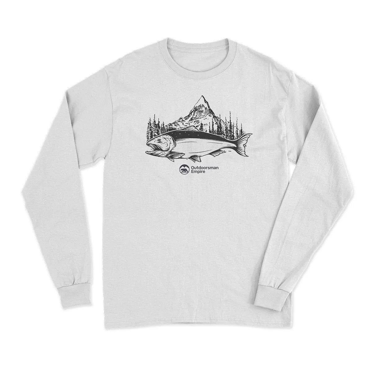 Fishing Mountain' Long Sleeve T-Shirt featuring a unique all-over print design, made from soft cotton fabric with a brushed fleece interior.