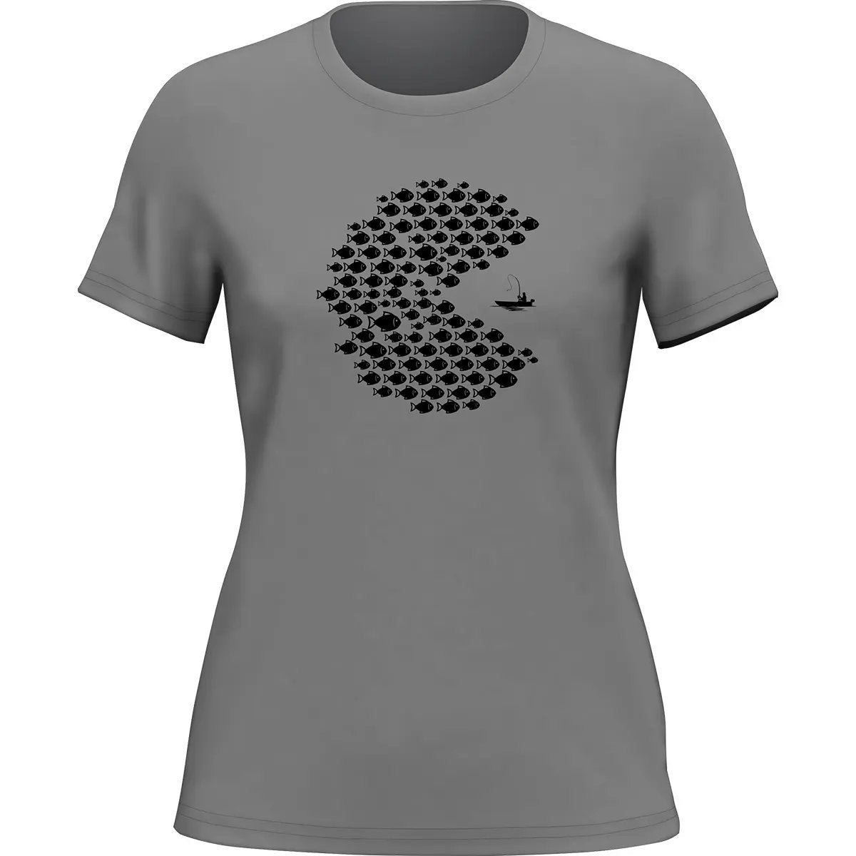 Fishing Pacman Style T-Shirt for Women featuring a playful design, made from soft ringspun cotton.