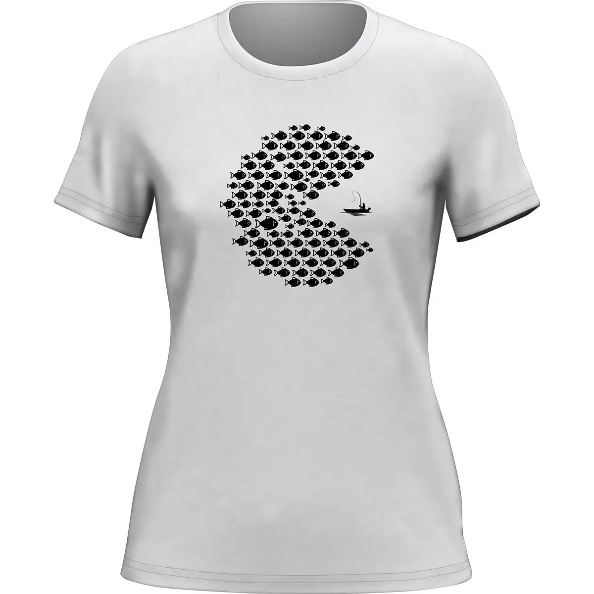 Fishing Pacman Style T-Shirt for Women featuring a playful design, made from soft ringspun cotton.