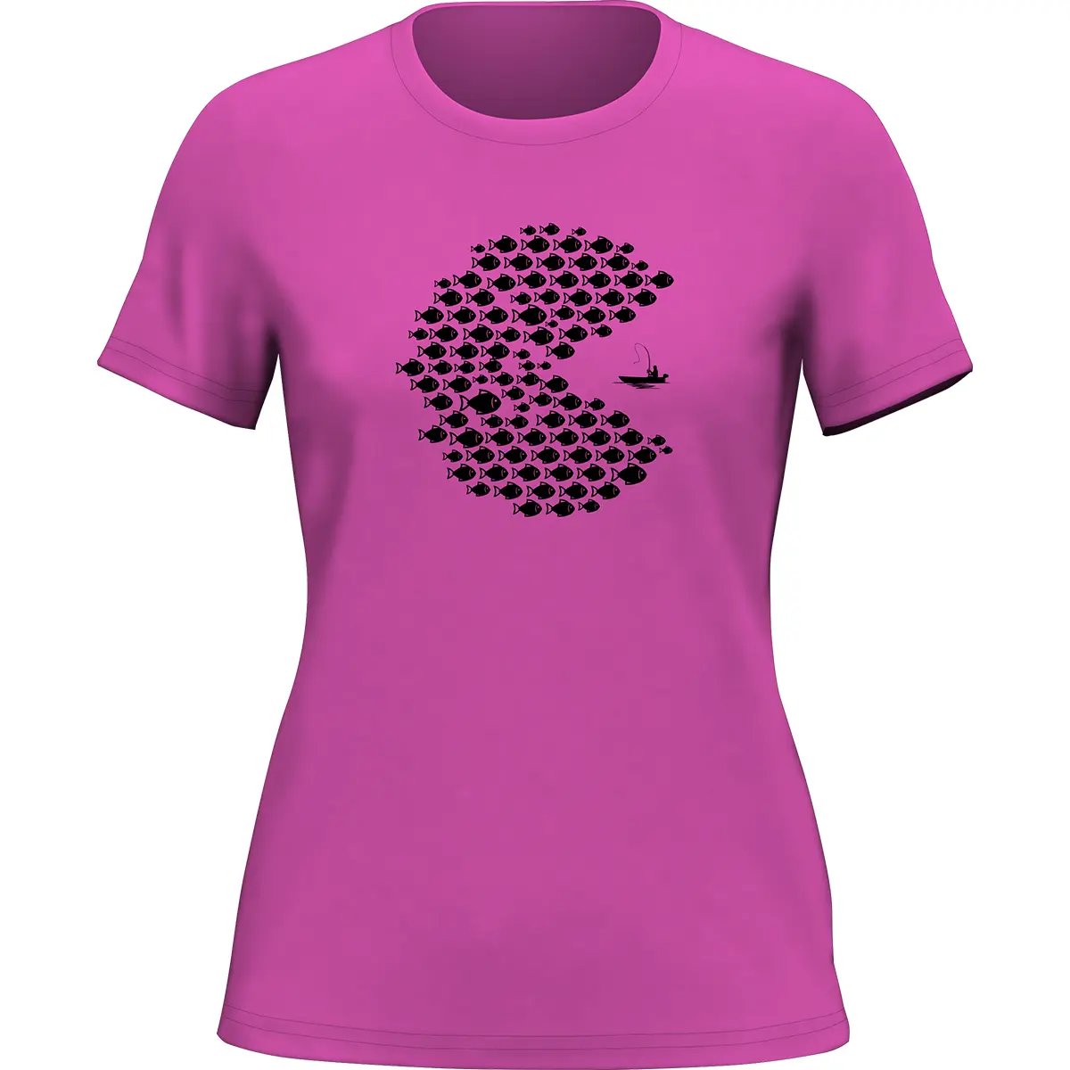 Fishing Pacman Style T-Shirt for Women featuring a playful design, made from soft ringspun cotton.