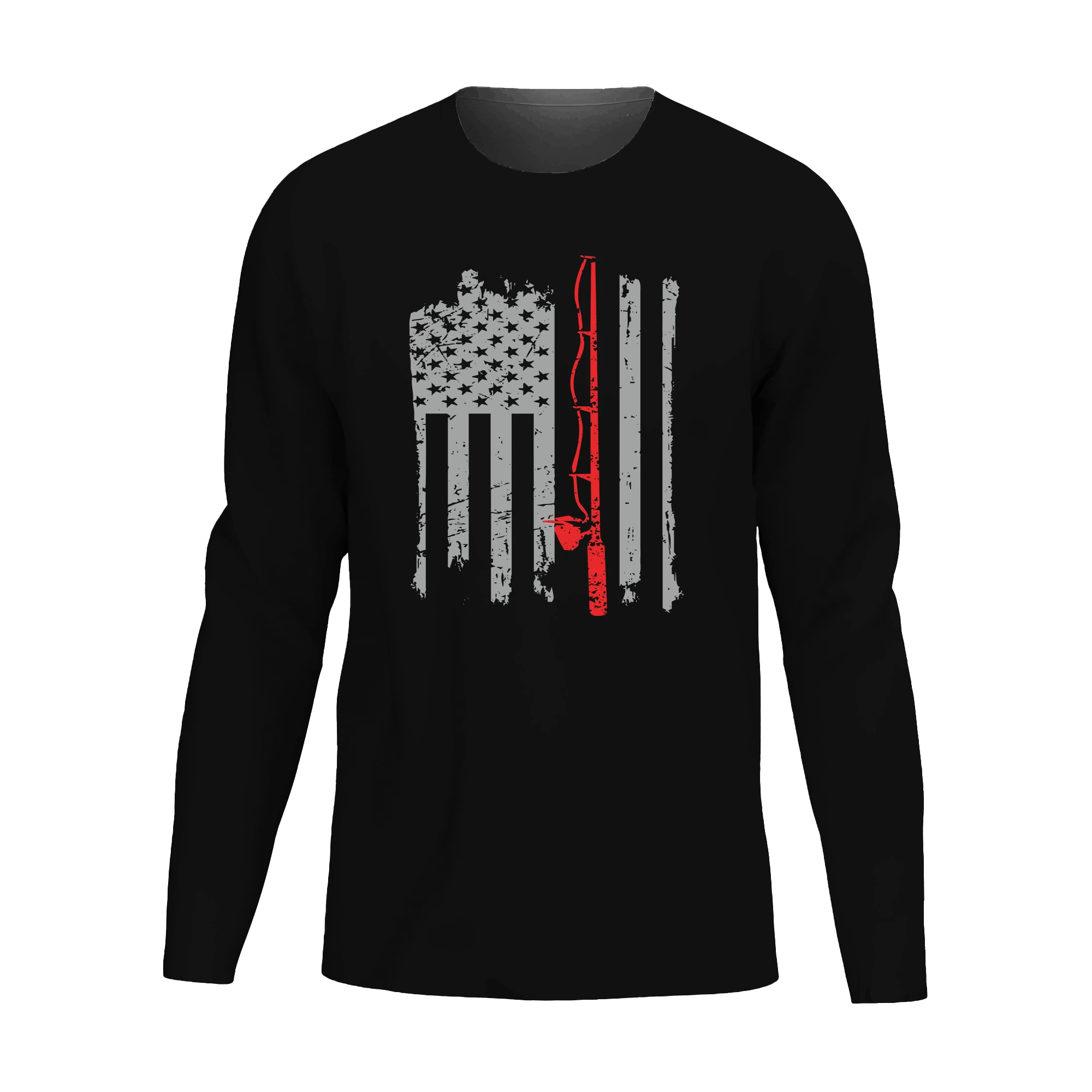 Men's long sleeve shirt featuring an American flag design with a fishing rod, perfect for fishing enthusiasts.