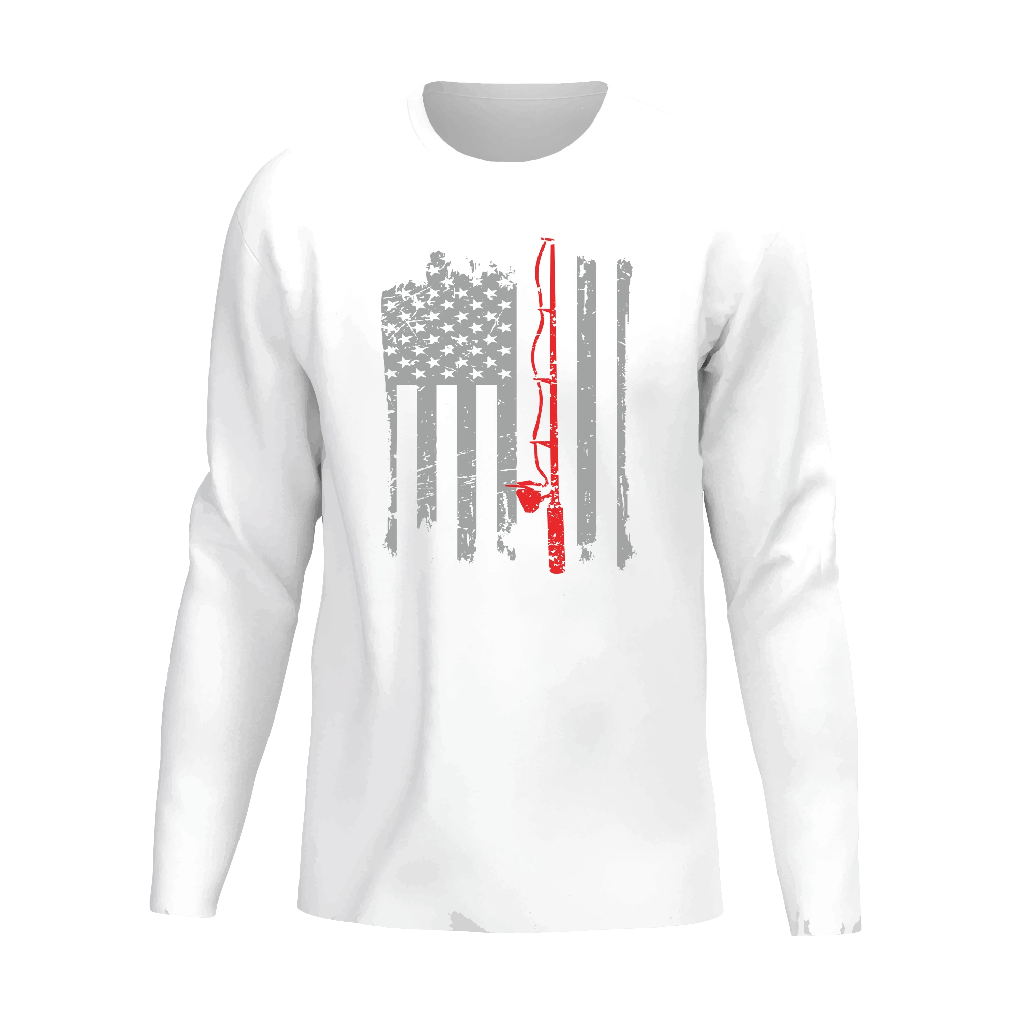 Men's long sleeve shirt featuring an American flag design with a fishing rod, perfect for fishing enthusiasts.