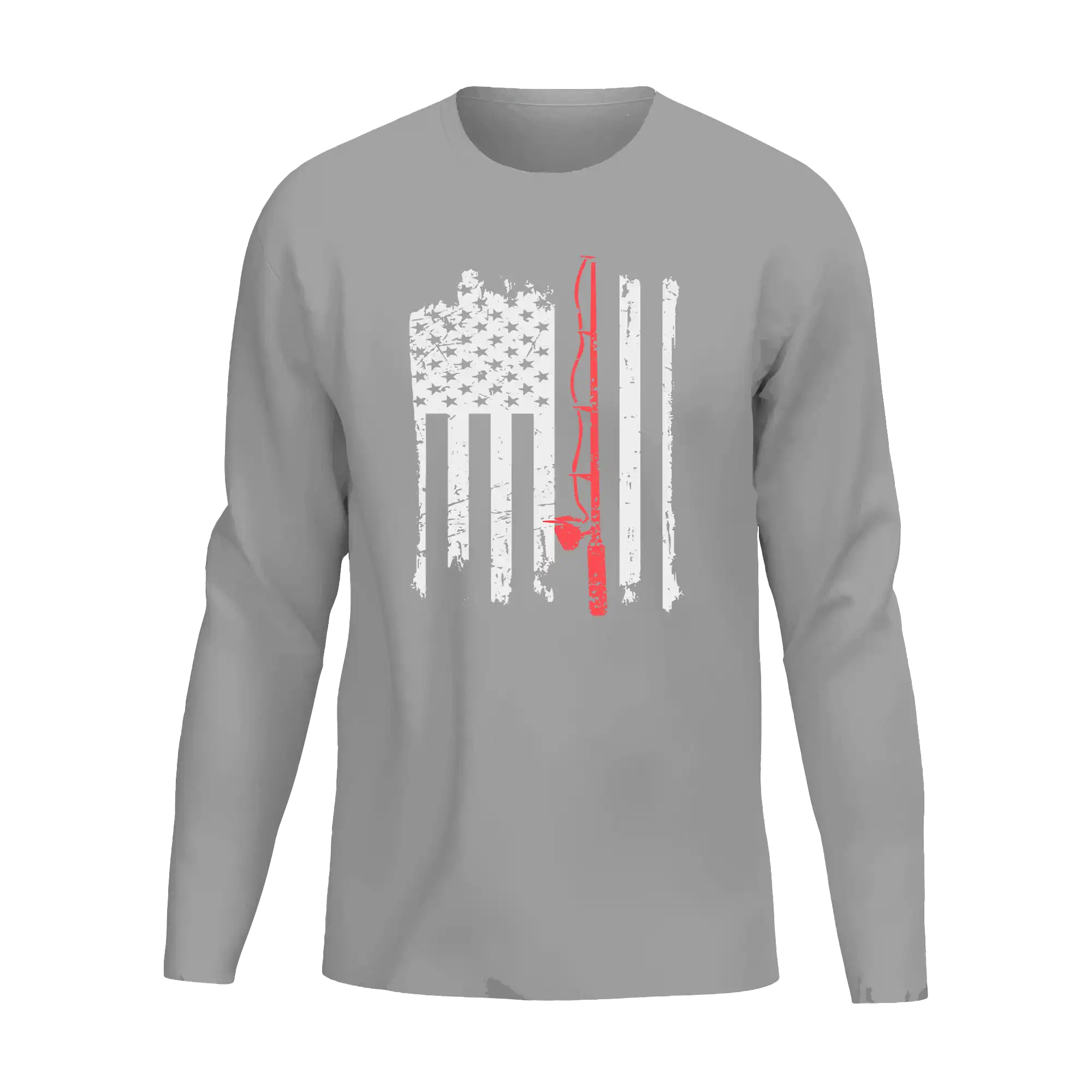 Men's long sleeve shirt featuring an American flag design with a fishing rod, perfect for fishing enthusiasts.