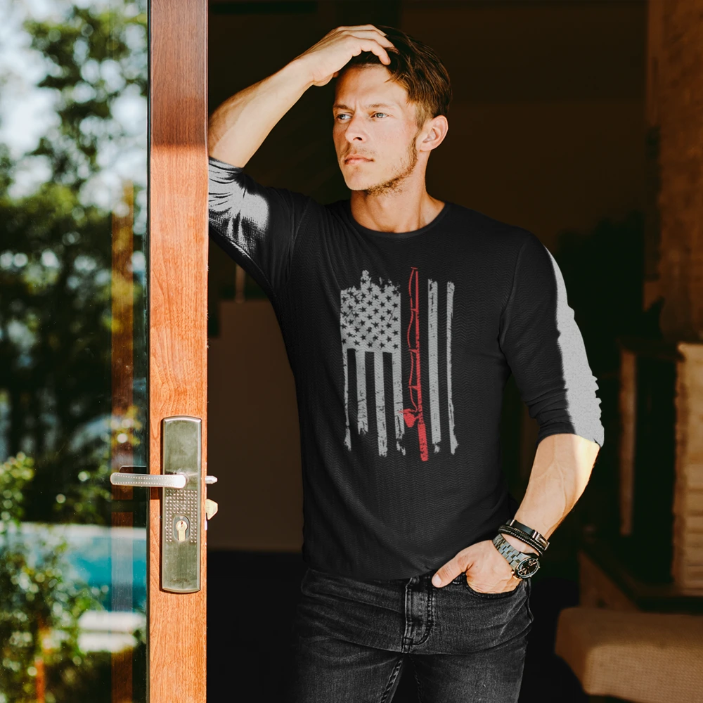 Men's long sleeve shirt featuring an American flag design with a fishing rod, perfect for fishing enthusiasts.