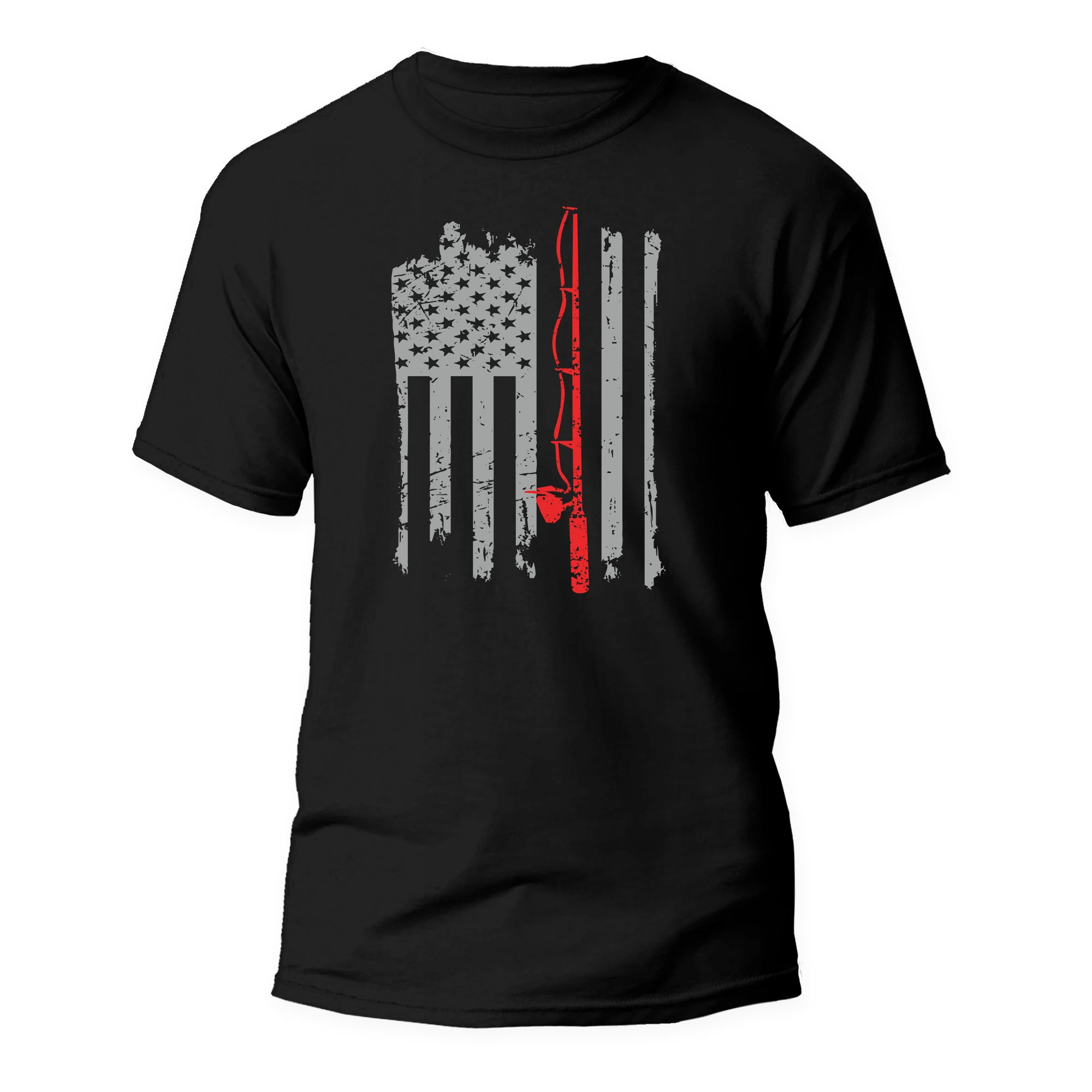 Fishing Rod American Flag Unisex T-Shirt featuring a vibrant American flag design, perfect for fishing enthusiasts.