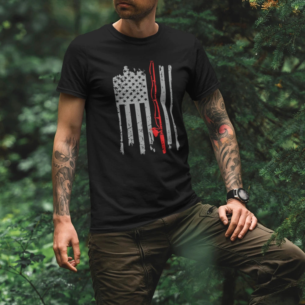 Fishing Rod American Flag Unisex T-Shirt featuring a vibrant American flag design, perfect for fishing enthusiasts.