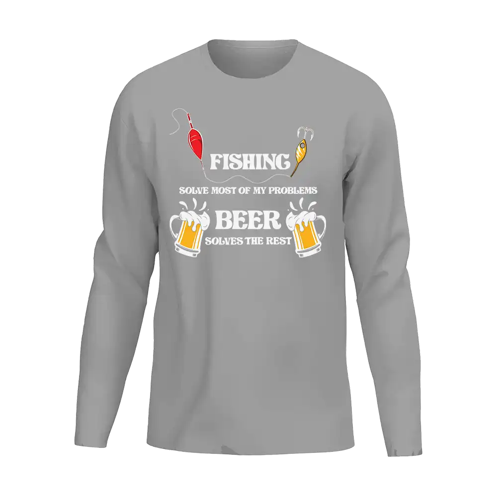 Fishing Solves All My Problems Long Sleeve Shirt featuring a humorous design, perfect for fishing enthusiasts and casual wear.