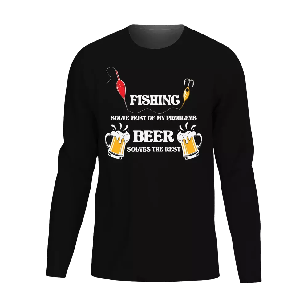 Fishing Solves All My Problems Long Sleeve Shirt featuring a humorous design, perfect for fishing enthusiasts and casual wear.