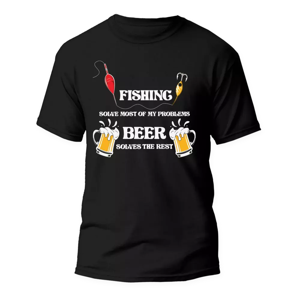 Fishing Solves All My Problem Man T-Shirt featuring a catchy phrase, made from 100% Ringspun Cotton, perfect for fishing enthusiasts.