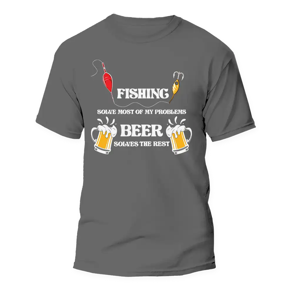 Fishing Solves All My Problem Man T-Shirt featuring a catchy phrase, made from 100% Ringspun Cotton, perfect for fishing enthusiasts.