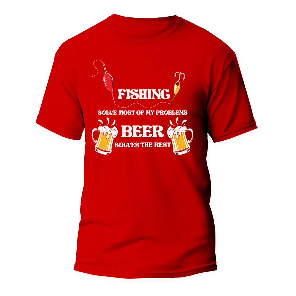 Fishing Solves All My Problem Man T-Shirt featuring a catchy phrase, made from 100% Ringspun Cotton, perfect for fishing enthusiasts.