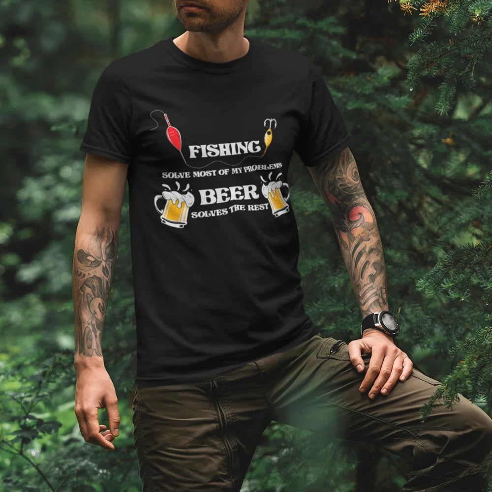 Fishing Solves All My Problem Man T-Shirt featuring a catchy phrase, made from 100% Ringspun Cotton, perfect for fishing enthusiasts.