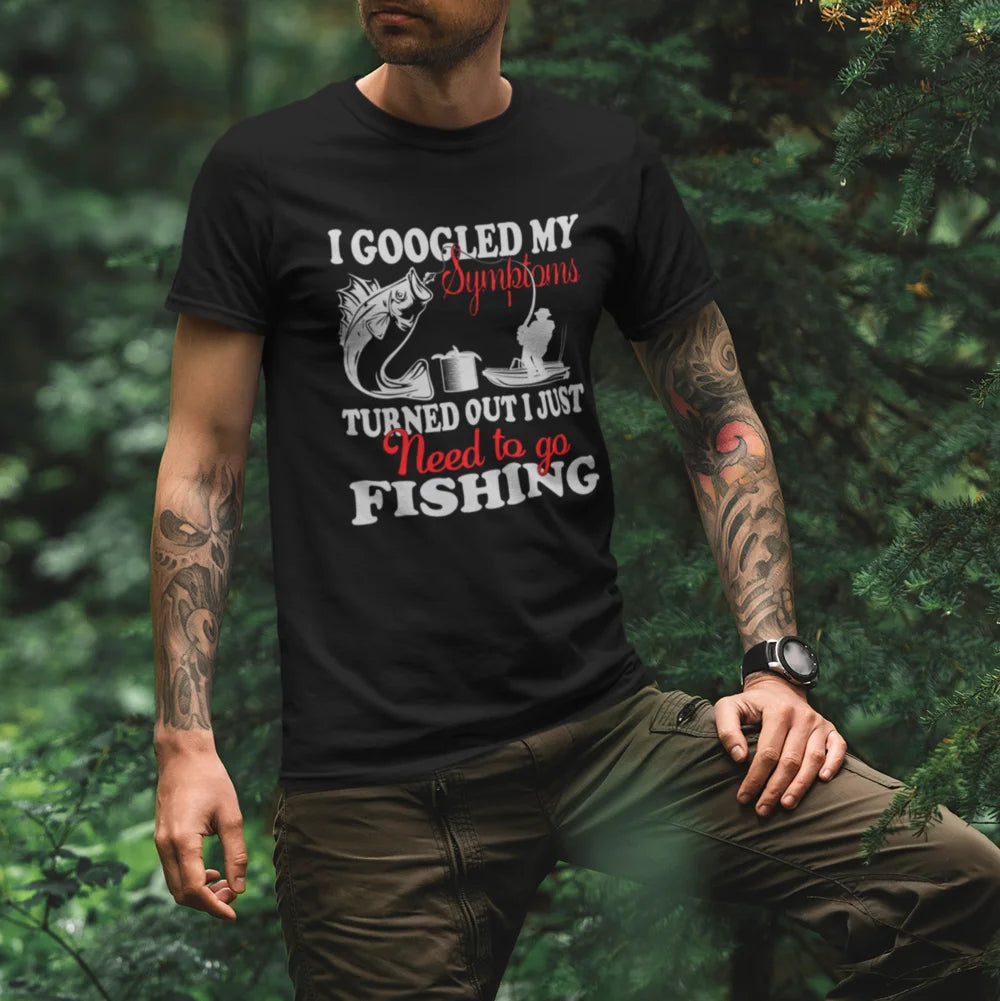 Fishing Symptoms Man T-Shirt featuring a unique design, made from soft ringspun cotton, perfect for fishing enthusiasts.