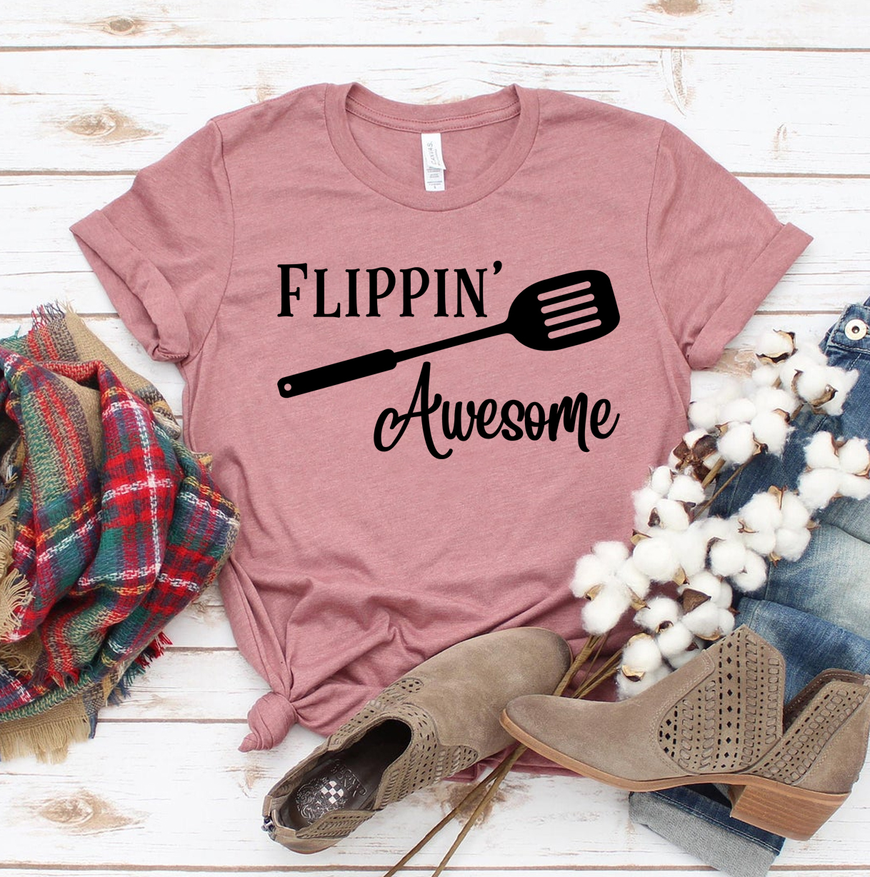 Flippin Awesome T-shirt made of premium ring spun cotton, featuring a soft textile flex print design in various sizes.