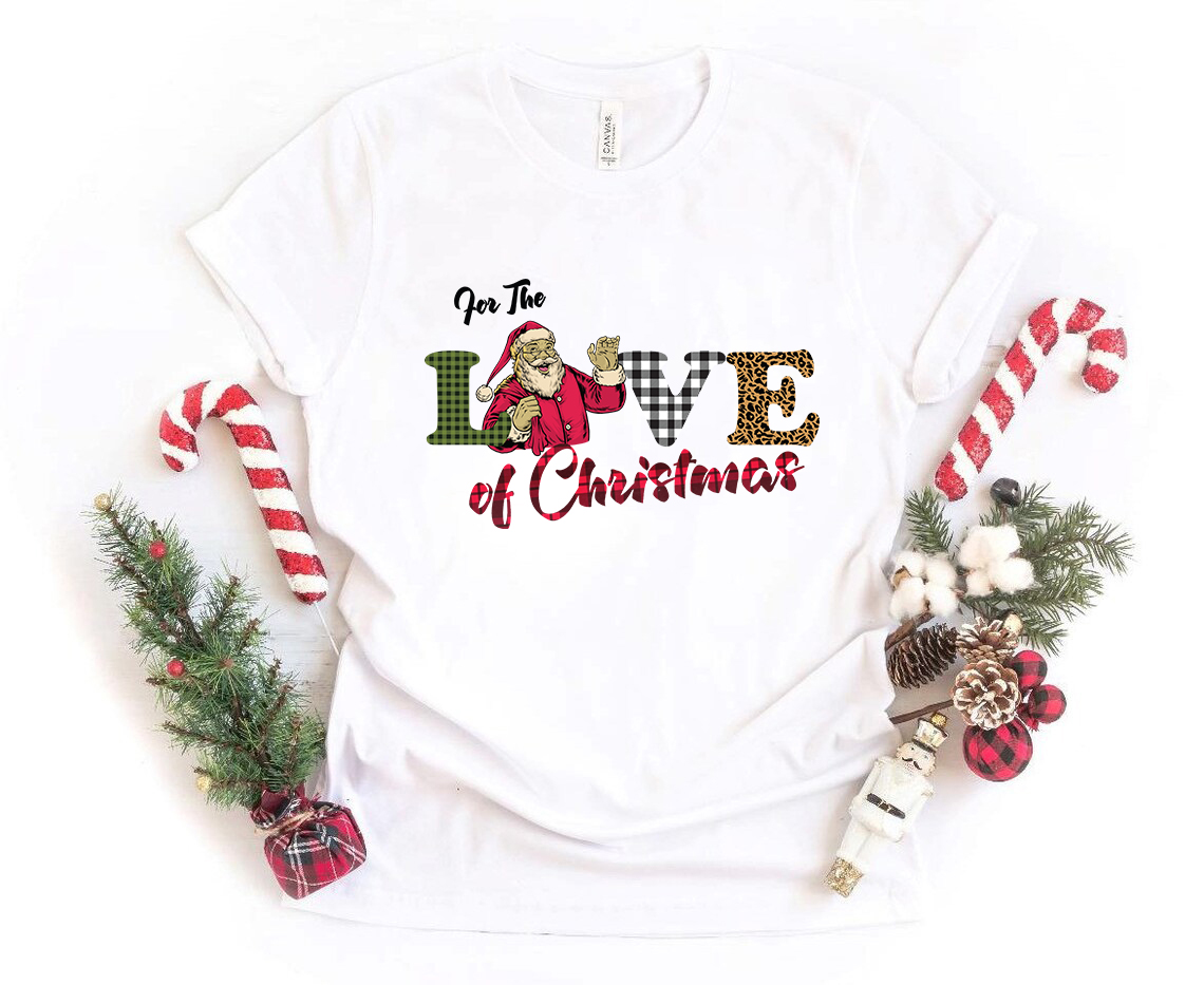 Unisex For The Love Of Christmas Shirt in various colors, showcasing its soft fabric and stylish design.