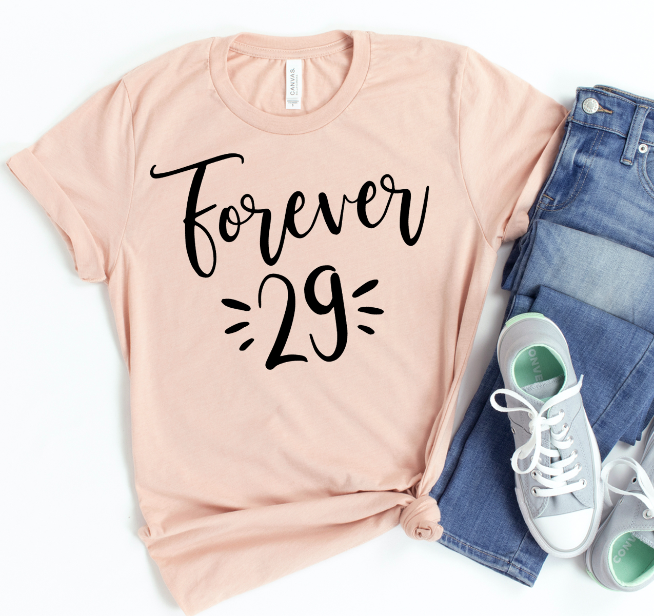 Forever 29 T-shirt in various sizes, showcasing its classic unisex design and soft fabric.