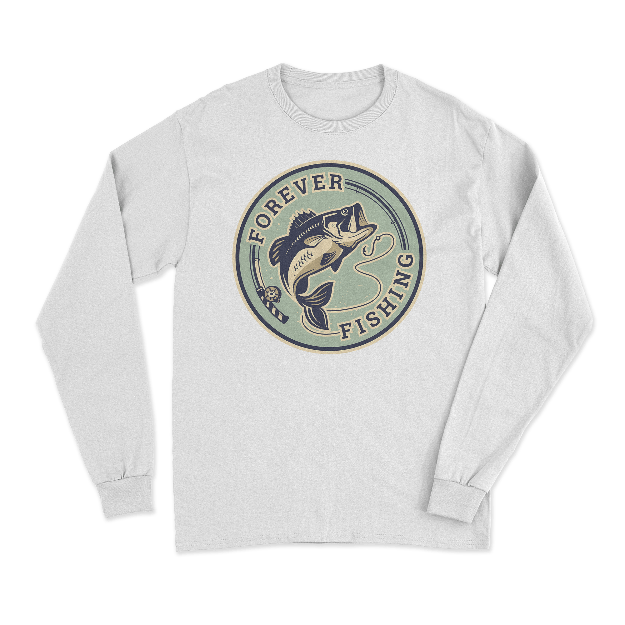 Forever Fishing Men Long Sleeve Shirt featuring unique all-over print design, soft brushed fleece interior, and modern classic fit.