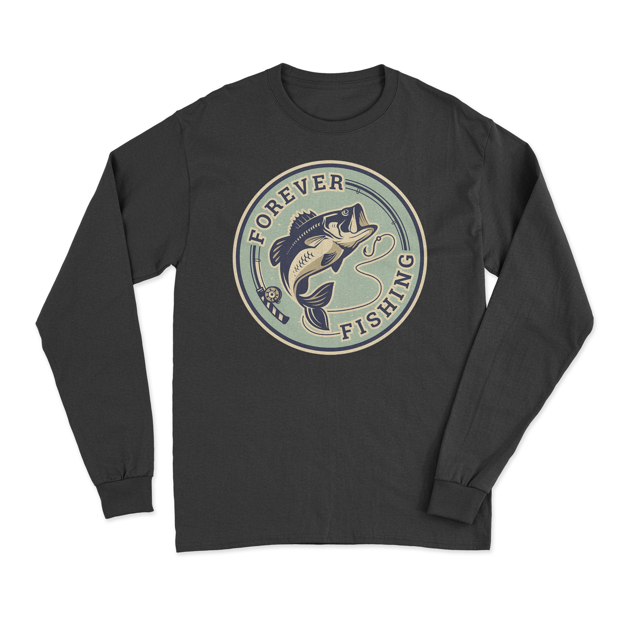 Forever Fishing Men Long Sleeve Shirt featuring unique all-over print design, soft brushed fleece interior, and modern classic fit.