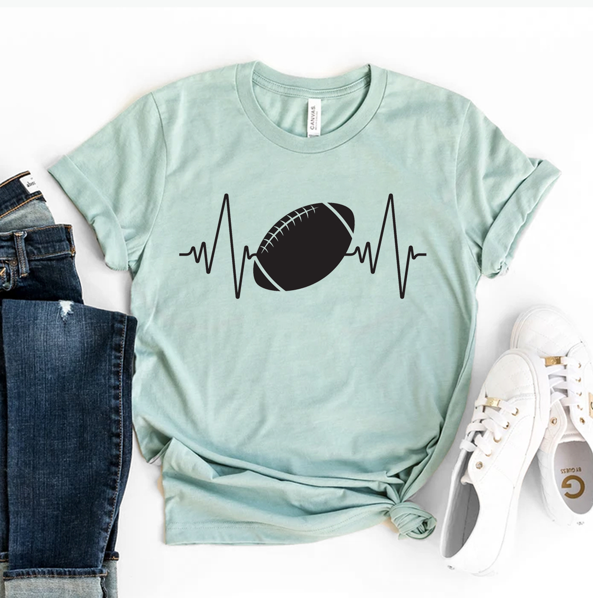 Football Heartbeat T-shirt made of premium ring spun cotton with a vibrant flex print design.