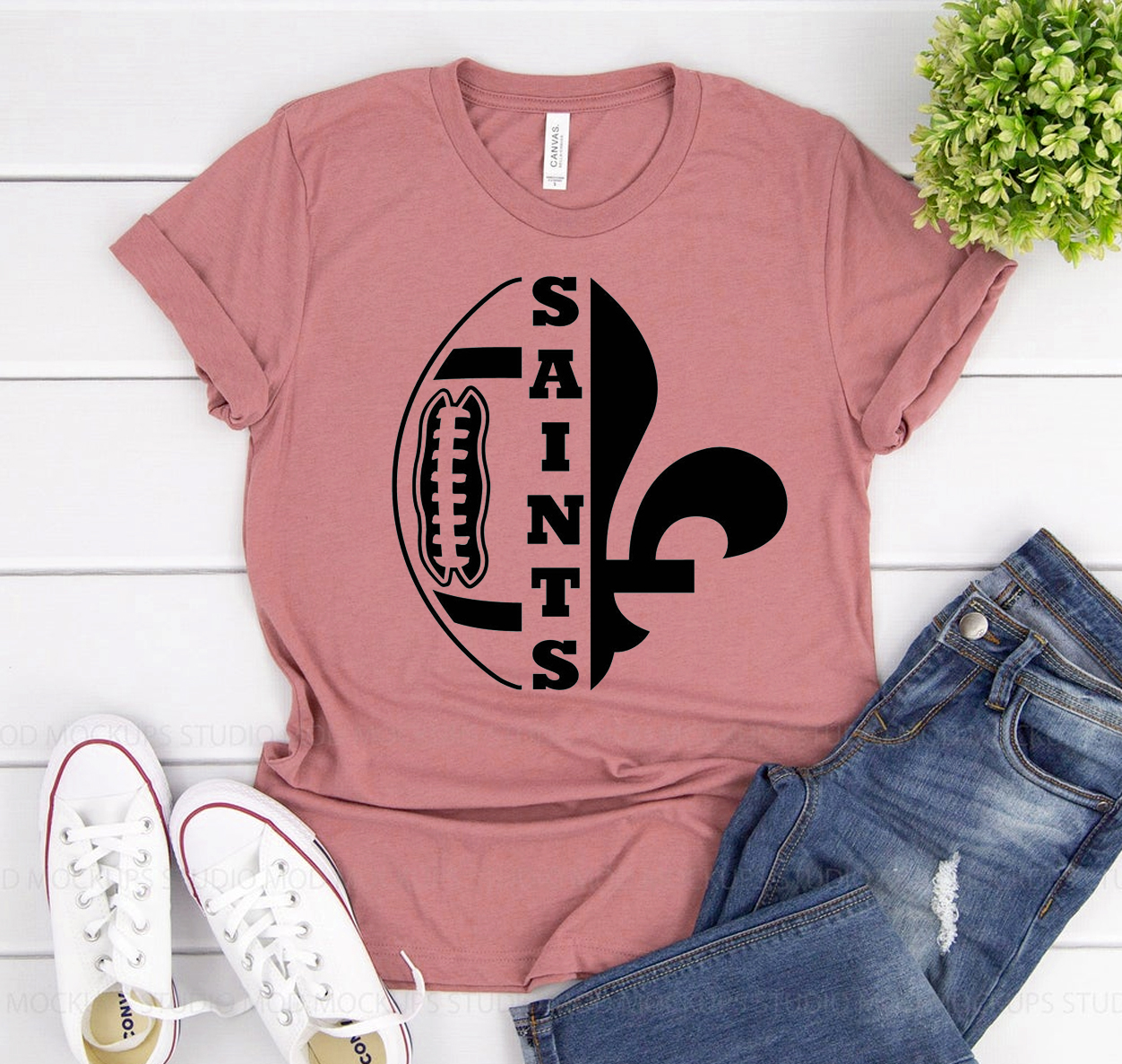 Football Saints T-shirt featuring a classic unisex design made from soft airlume cotton, available in various sizes.