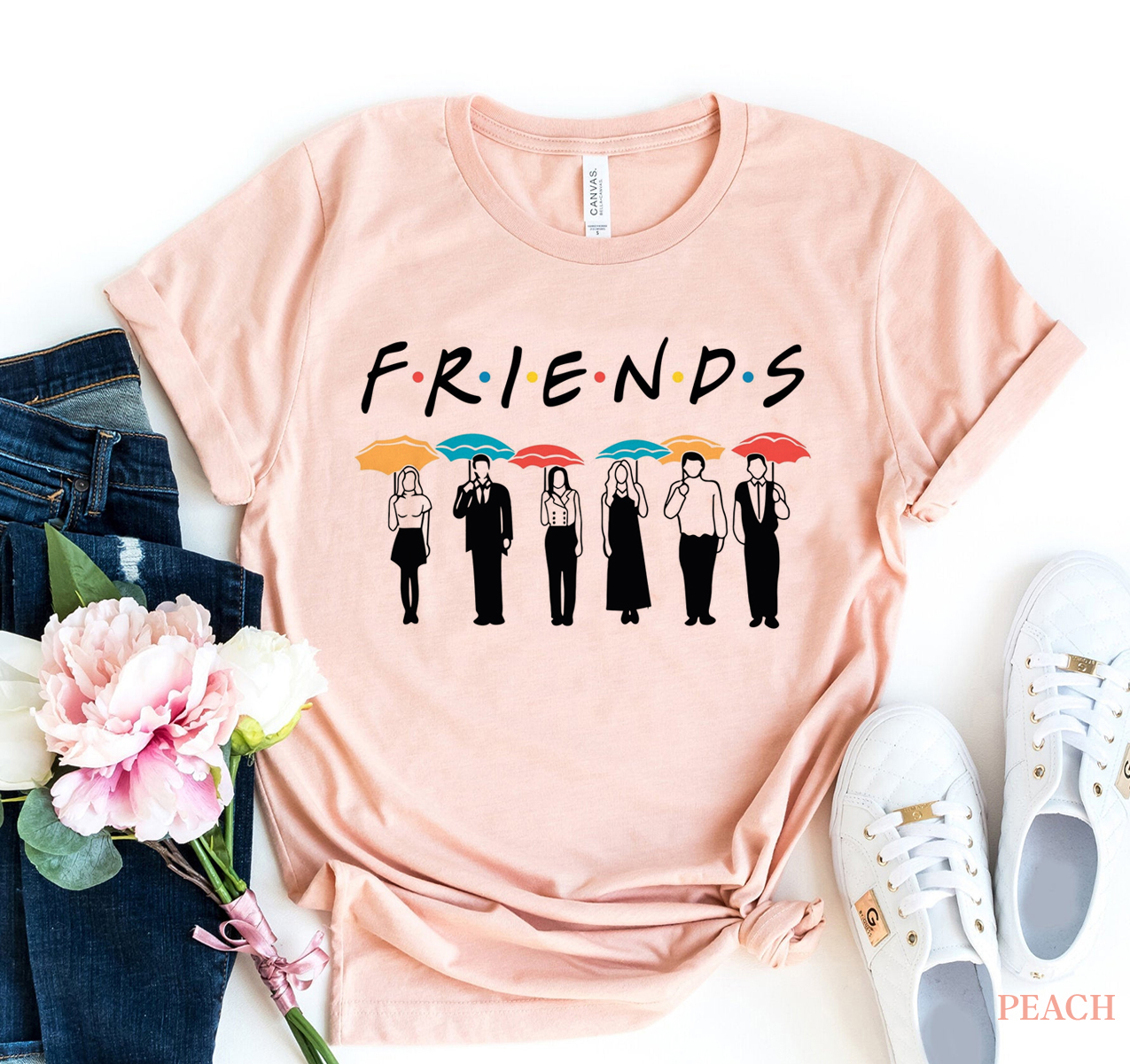 Friends T-shirt made of premium ring spun cotton with vibrant flex print design, available in multiple sizes.