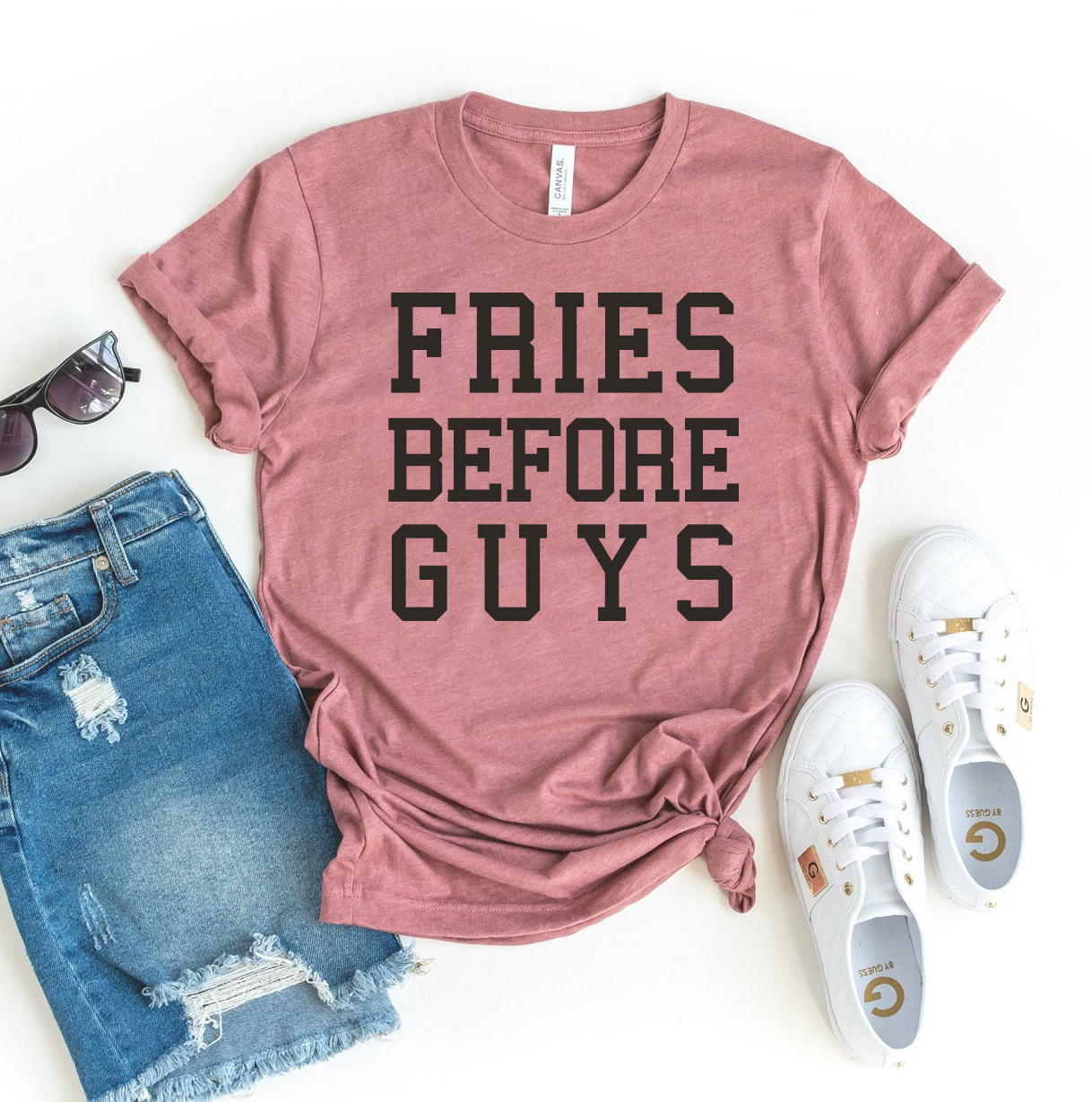 Fries Before Guys T-shirt made of premium ring spun cotton with a fun slogan design.