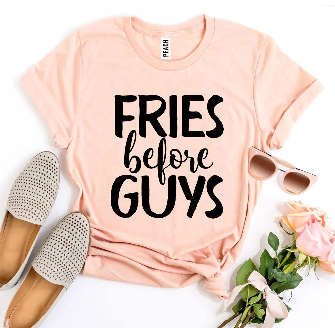 Fries Before Guys T-shirt in premium ring spun cotton with a trendy slogan design.