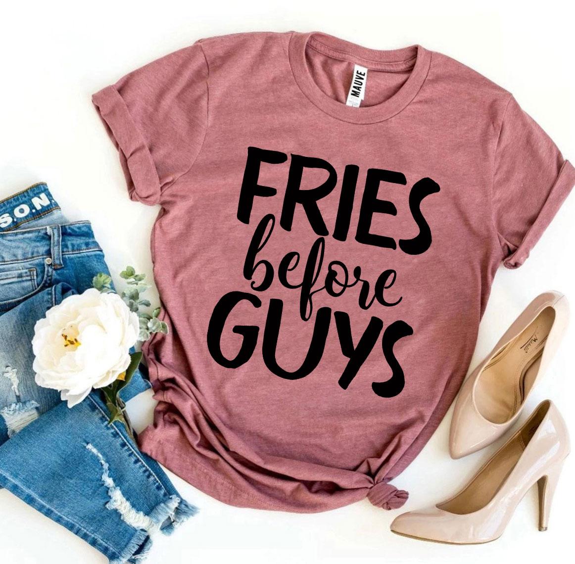 Fries Before Guys T-shirt in premium ring spun cotton with a trendy slogan design.