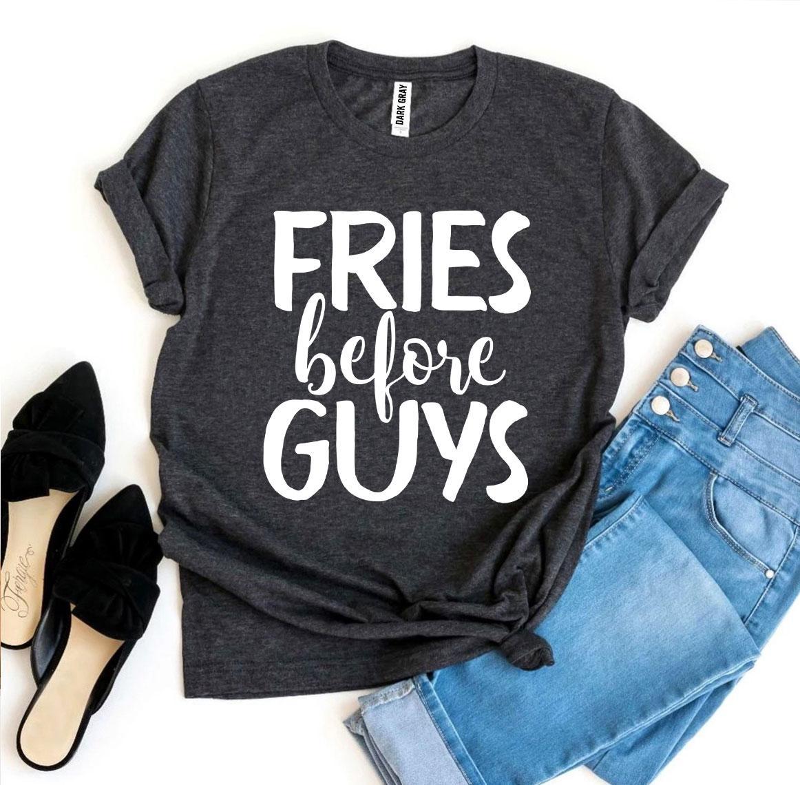 Fries Before Guys T-shirt in premium ring spun cotton with a trendy slogan design.