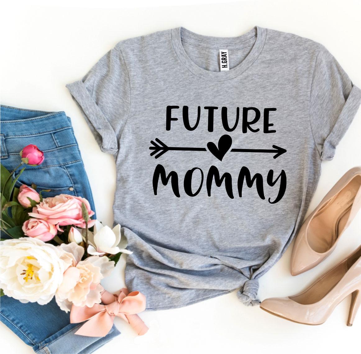 Future Mommy T-shirt made of premium ring spun cotton, featuring a soft textile flex print design, available in various sizes.